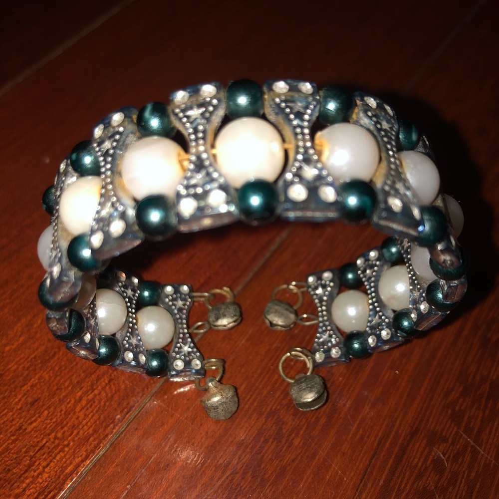 ✨Blue + white pearl jingle cuff bracelet bangle